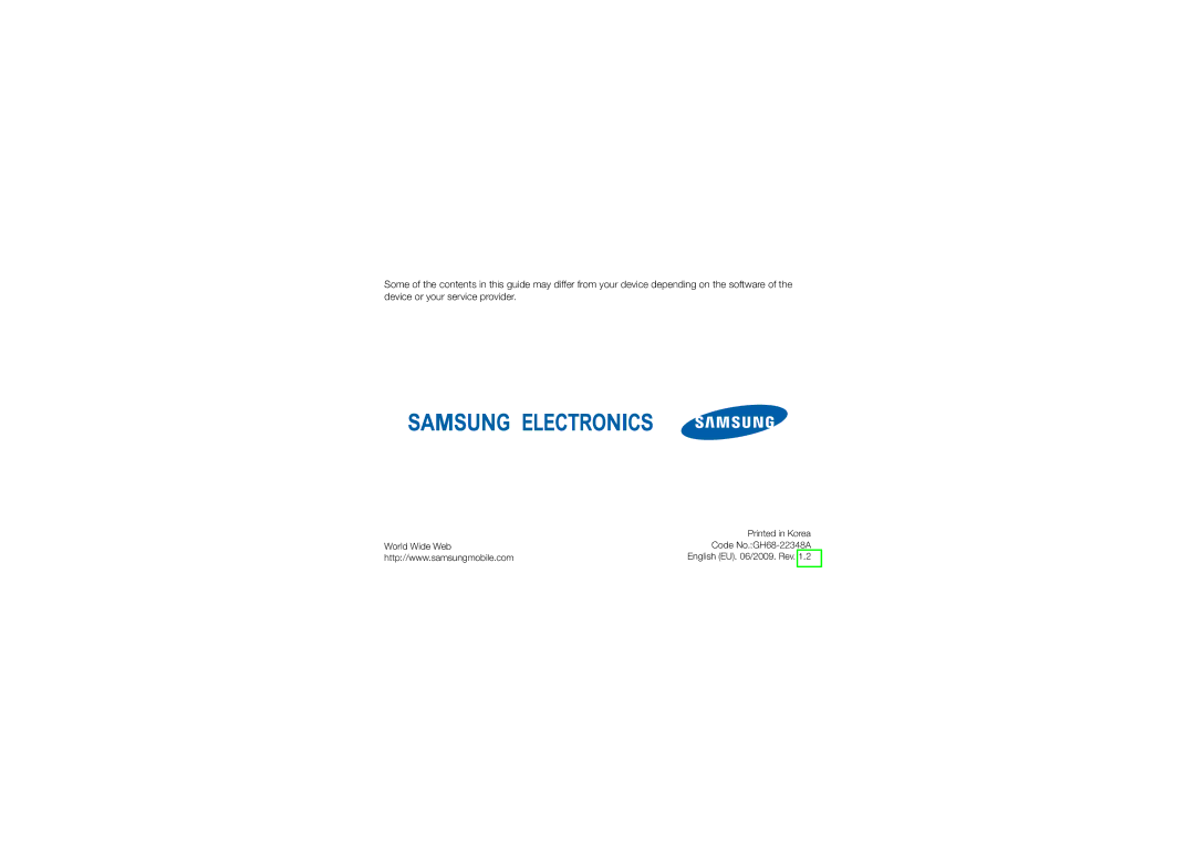 Samsung GT-I8910TSAAMN, GT-I8910DKCDBT, GT-I8910DKASUN, GT-I8910DKADBT, GT-I8910DKASWC, GT-I8910DKBDBT English EU /2009. Rev 