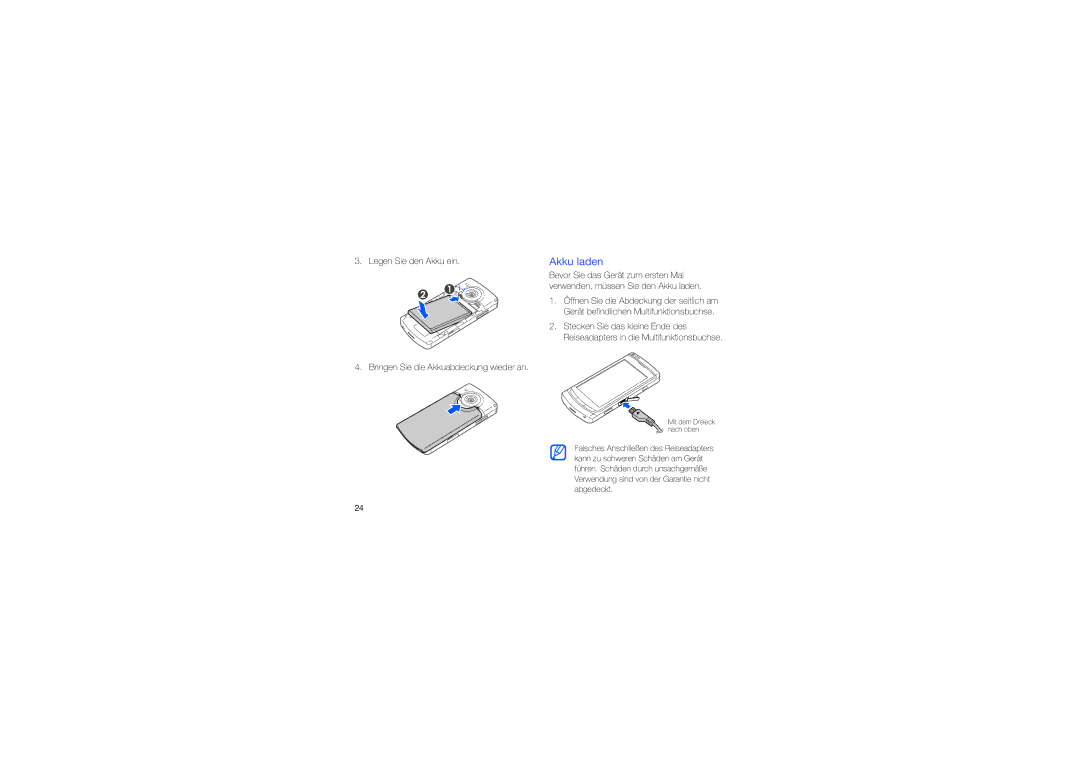 Samsung GT-I8910DKADBT, GT-I8910DKCDBT, GT-I8910DKASUN, GT-I8910DKASWC, GT-I8910DKBDBT, GT-I8910CDTDBT manual Akku laden 