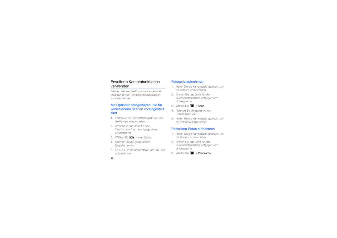 Samsung GT-I8910DKAXEO manual Erweiterte Kamerafunktionen verwenden, Fotoserie aufnehmen, Panorama-Fotos aufnehmen 