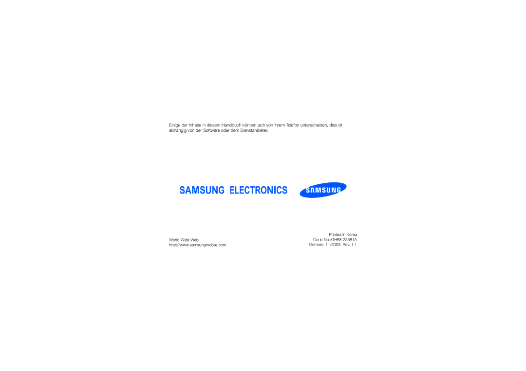 Samsung GT-I8910CDDDBT, GT-I8910DKCDBT, GT-I8910DKASUN, GT-I8910DKADBT, GT-I8910DKASWC, GT-I8910DKBDBT manual German /2009. Rev 