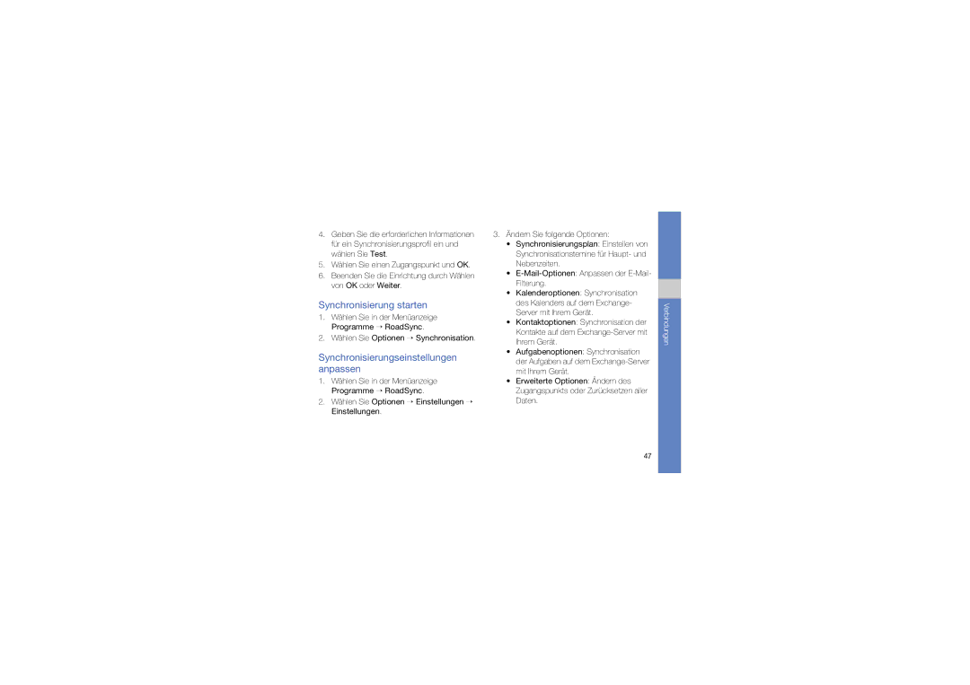 Samsung GT-I8910DKAXEO, GT-I8910DKCDBT, GT-I8910DKASUN Synchronisierung starten, Synchronisierungseinstellungen anpassen 