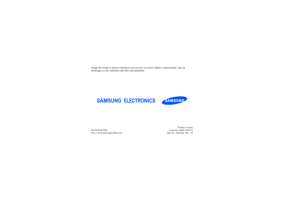 Samsung GT-I8910DKCDBT, GT-I8910DKASUN, GT-I8910DKADBT, GT-I8910DKASWC, GT-I8910DKBDBT, GT-I8910CDTDBT manual German /2009. Rev 