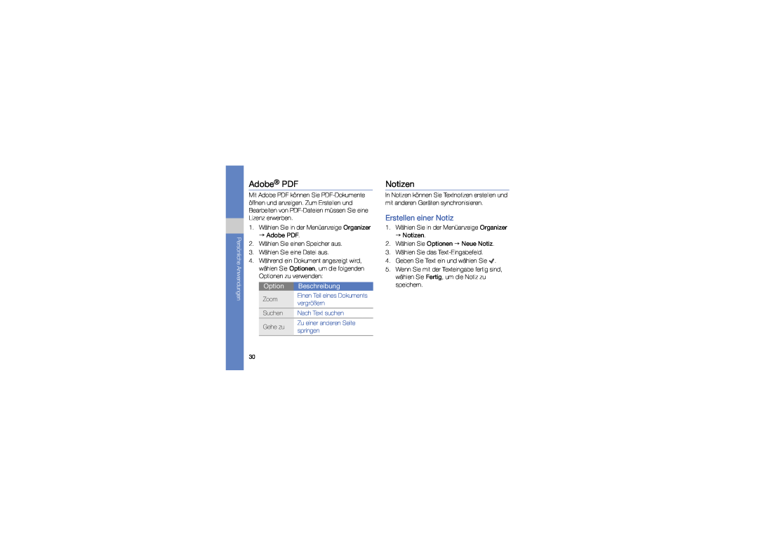 Samsung GT-I8910DKASWC manual Adobe PDF, Notizen, Erstellen einer Notiz, Einen Teil eines Dokuments vergrößern, Suchen 