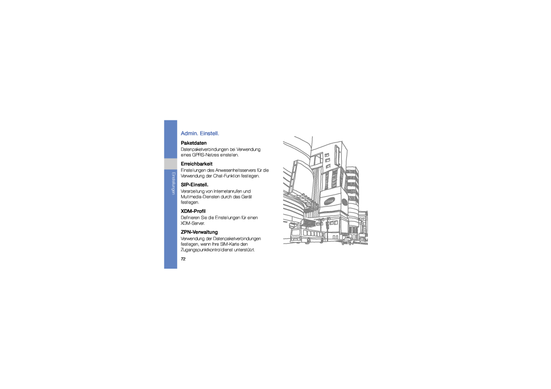 Samsung GT-I8910DKASUN manual Admin. Einstell, Paketdaten, Erreichbarkeit, SIP-Einstell, XDM-Profil, ZPN-Verwaltung 