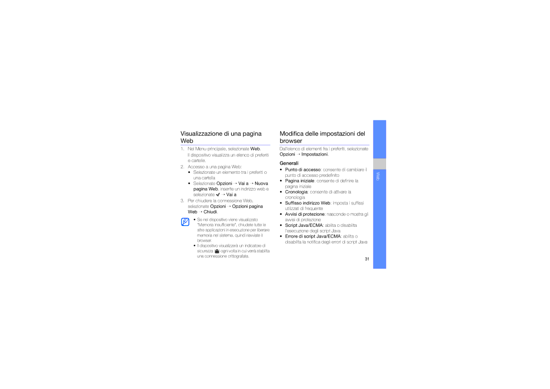 Samsung GT-I8910DKATIM manual Visualizzazione di una pagina Web, Modifica delle impostazioni del browser, Generali 