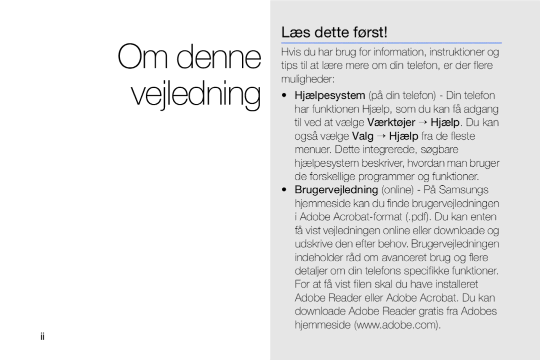 Samsung GT-I8910DKRXEE, GT-I8910DKPXEE manual Om denne vejledning, Læs dette først 