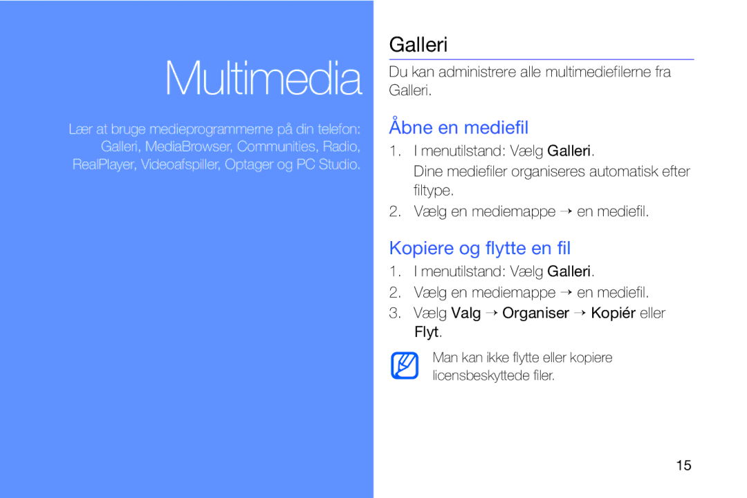 Samsung GT-I8910DKPXEE, GT-I8910DKRXEE manual Galleri, Åbne en mediefil, Kopiere og flytte en fil 
