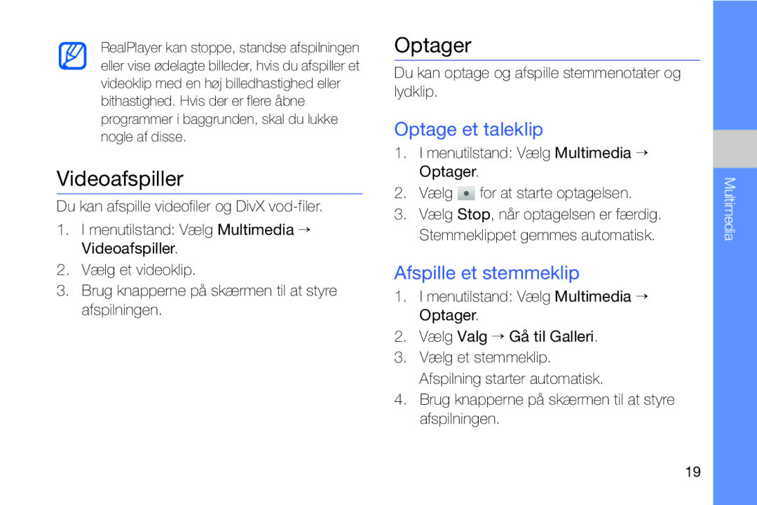 Samsung GT-I8910DKPXEE, GT-I8910DKRXEE manual Videoafspiller, Optager, Optage et taleklip, Afspille et stemmeklip 