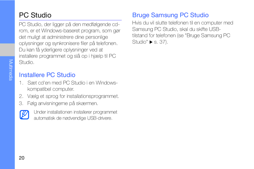 Samsung GT-I8910DKRXEE, GT-I8910DKPXEE manual Installere PC Studio, Bruge Samsung PC Studio 