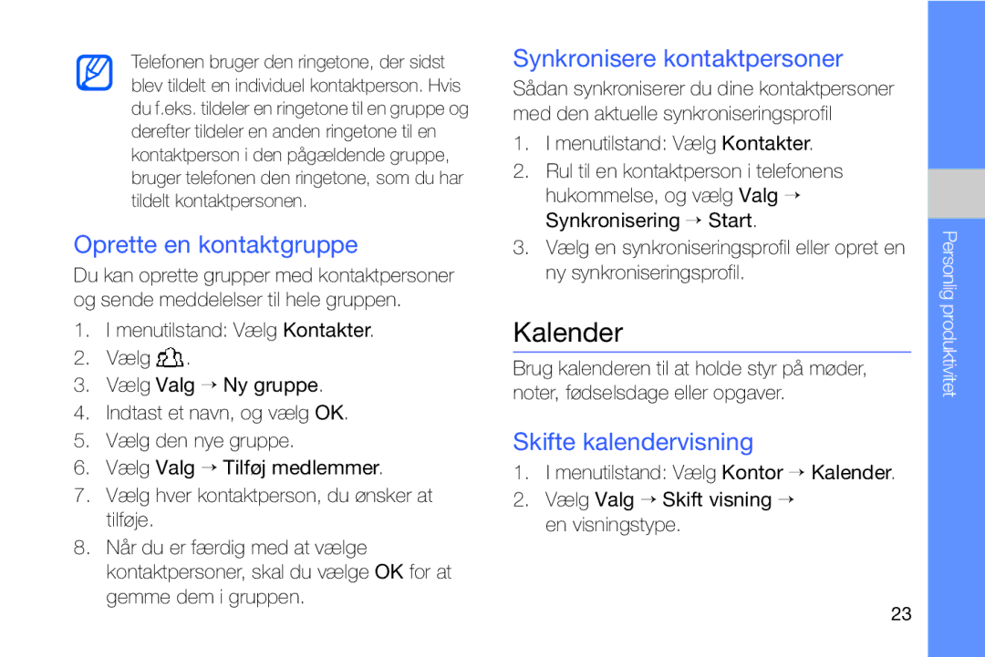 Samsung GT-I8910DKPXEE manual Kalender, Oprette en kontaktgruppe, Synkronisere kontaktpersoner, Skifte kalendervisning 