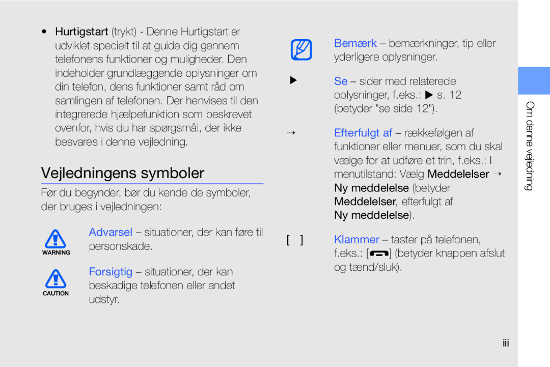 Samsung GT-I8910DKPXEE, GT-I8910DKRXEE manual Vejledningens symboler 