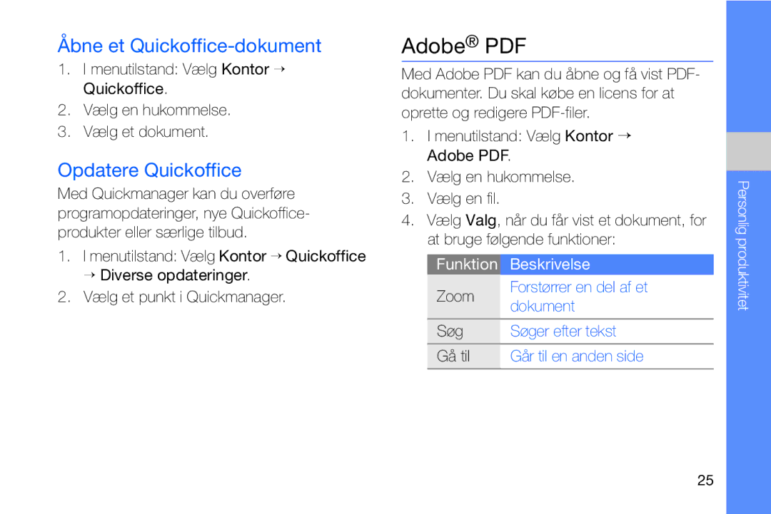 Samsung GT-I8910DKPXEE, GT-I8910DKRXEE manual Åbne et Quickoffice-dokument, Opdatere Quickoffice 