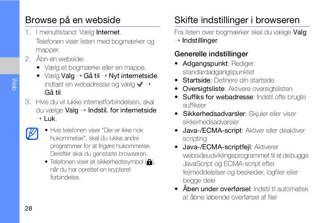 Samsung GT-I8910DKRXEE, GT-I8910DKPXEE Browse på en webside, Skifte indstillinger i browseren, Generelle indstillinger 