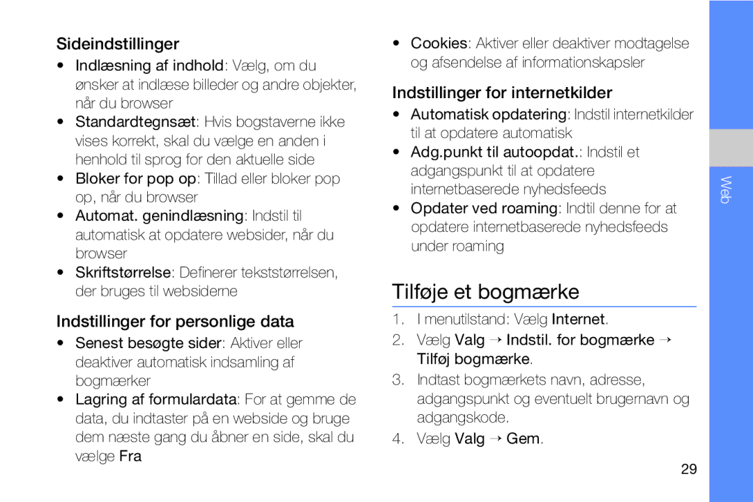 Samsung GT-I8910DKPXEE, GT-I8910DKRXEE manual Tilføje et bogmærke, Sideindstillinger, Indstillinger for personlige data 