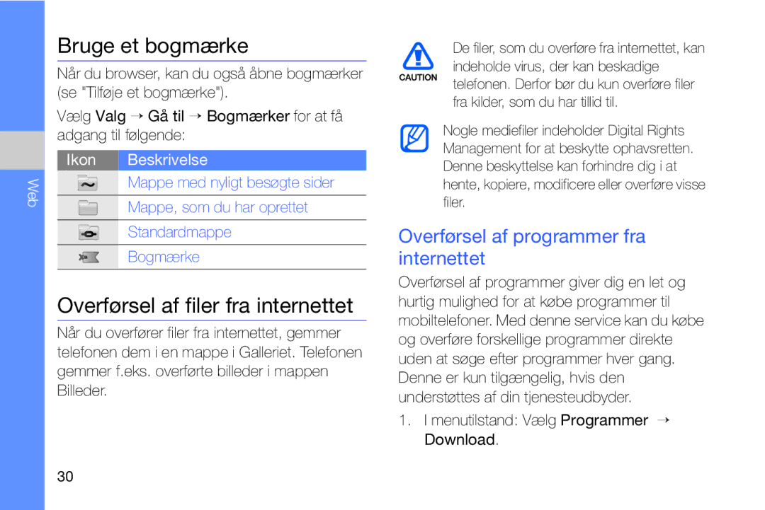 Samsung GT-I8910DKRXEE Bruge et bogmærke, Overførsel af filer fra internettet, Overførsel af programmer fra internettet 