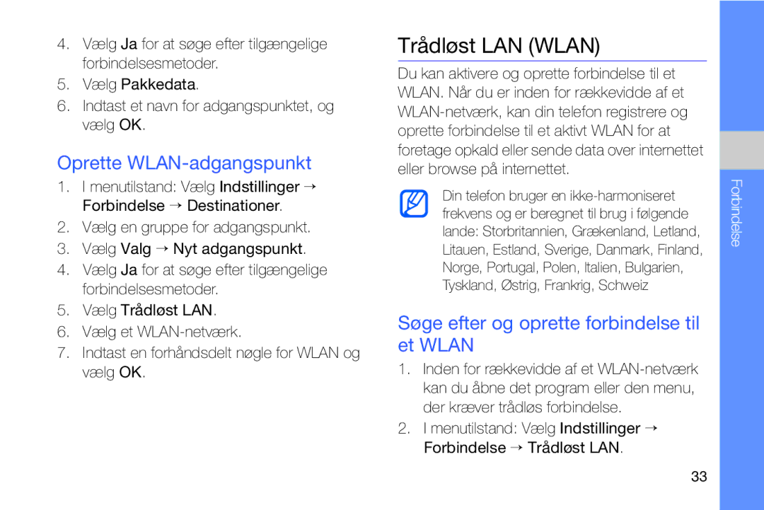 Samsung GT-I8910DKPXEE manual Trådløst LAN Wlan, Oprette WLAN-adgangspunkt, Søge efter og oprette forbindelse til et Wlan 