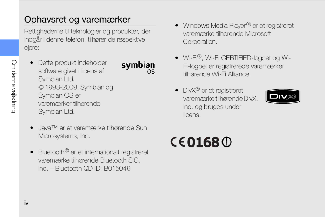 Samsung GT-I8910DKRXEE, GT-I8910DKPXEE manual Ophavsret og varemærker 