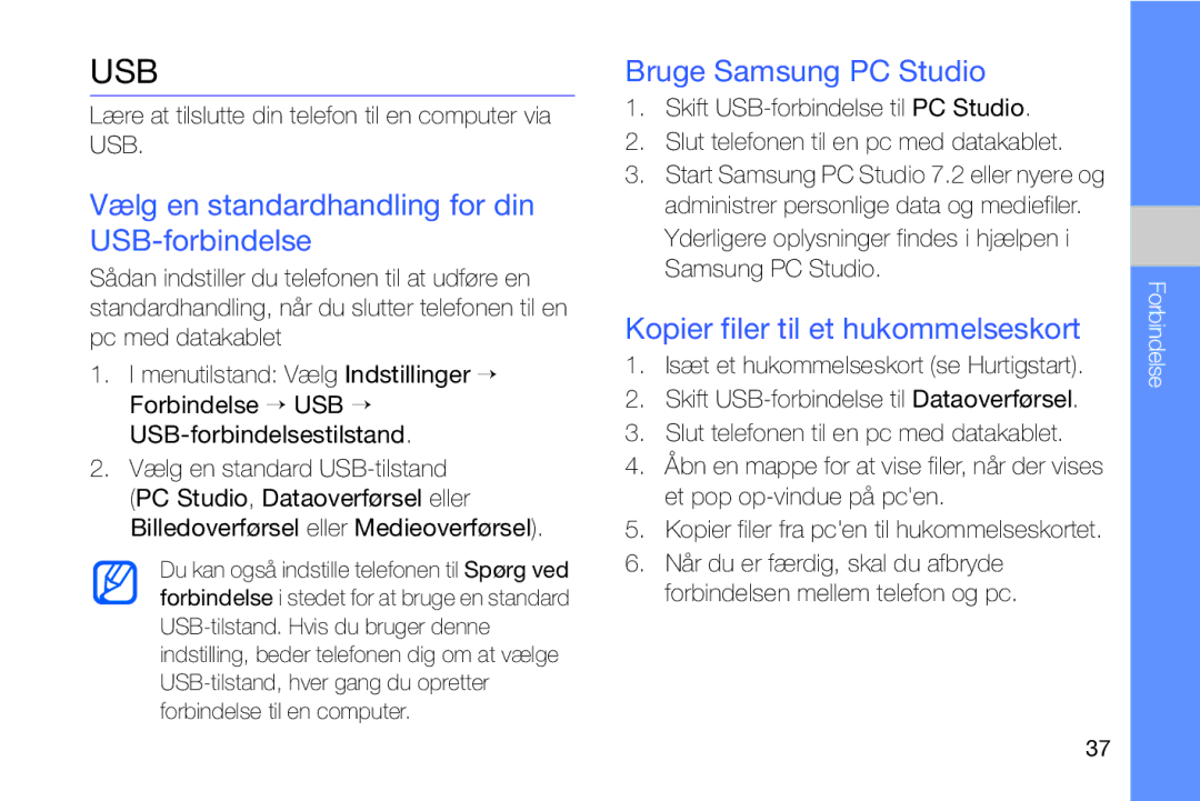 Samsung GT-I8910DKPXEE manual Vælg en standardhandling for din USB-forbindelse, Kopier filer til et hukommelseskort 