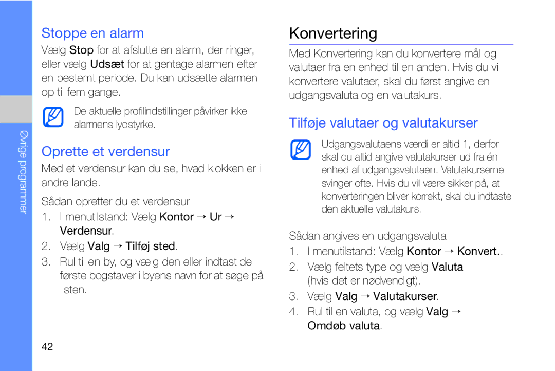 Samsung GT-I8910DKRXEE, GT-I8910DKPXEE manual Konvertering, Oprette et verdensur, Tilføje valutaer og valutakurser 