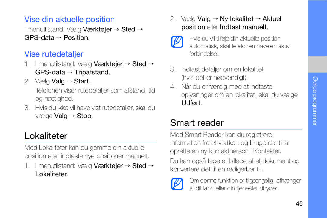 Samsung GT-I8910DKPXEE, GT-I8910DKRXEE manual Lokaliteter, Smart reader, Vise din aktuelle position, Vise rutedetaljer 