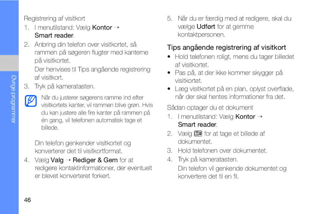 Samsung GT-I8910DKRXEE, GT-I8910DKPXEE manual Tips angående registrering af visitkort 