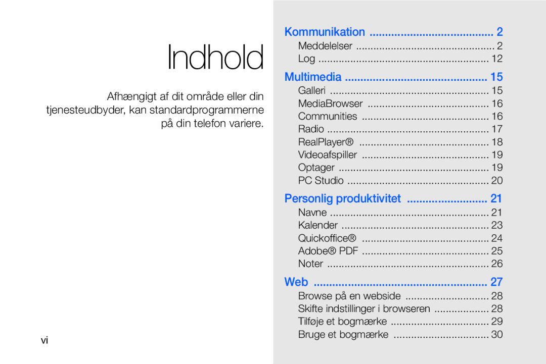 Samsung GT-I8910DKRXEE, GT-I8910DKPXEE manual Indhold 