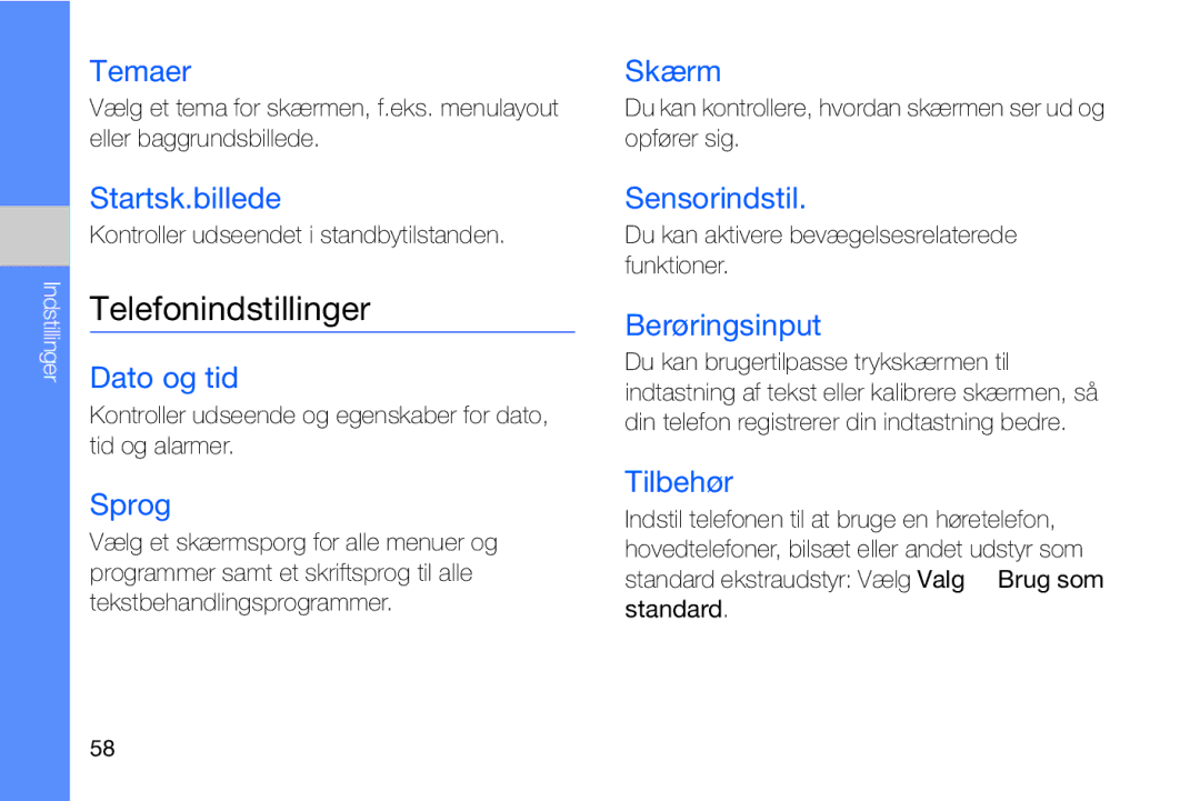 Samsung GT-I8910DKRXEE, GT-I8910DKPXEE manual Telefonindstillinger 