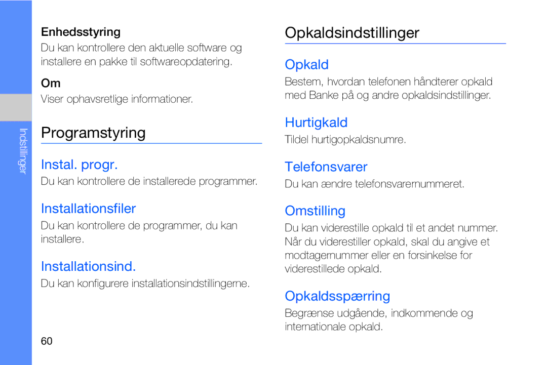 Samsung GT-I8910DKRXEE, GT-I8910DKPXEE manual Opkaldsindstillinger 