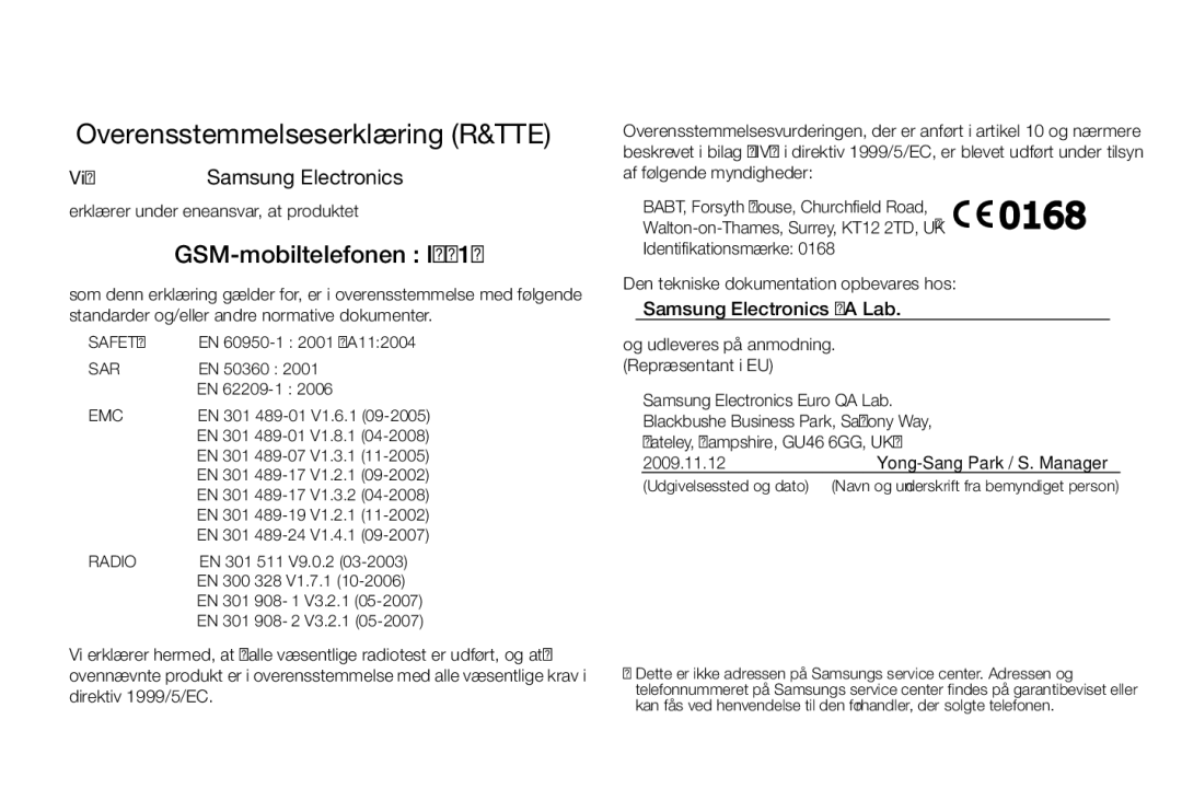 Samsung GT-I8910DKPXEE, GT-I8910DKRXEE manual Overensstemmelseserklæring R&TTE, GSM-mobiltelefonen 