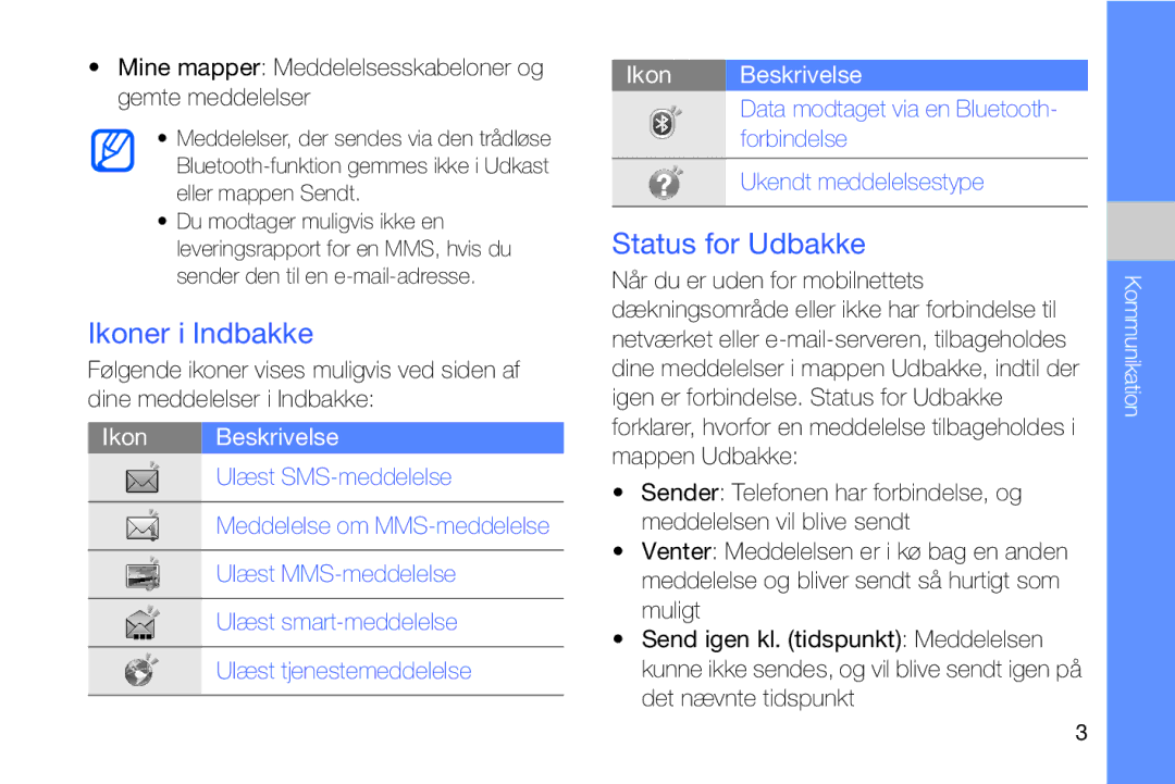 Samsung GT-I8910DKPXEE manual Ikoner i Indbakke, Status for Udbakke, Mine mapper Meddelelsesskabeloner og gemte meddelelser 