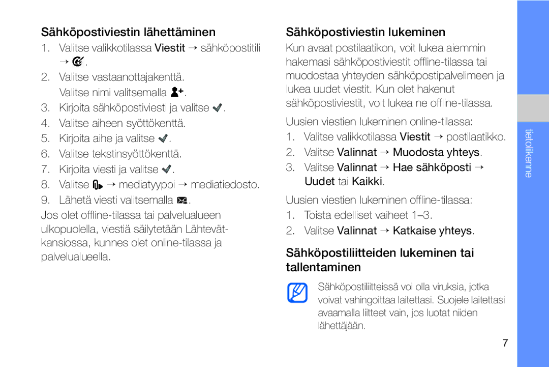 Samsung GT-I8910DKPXEE, GT-I8910DKRXEE manual Sähköpostiviestin lähettäminen, Sähköpostiviestin lukeminen 