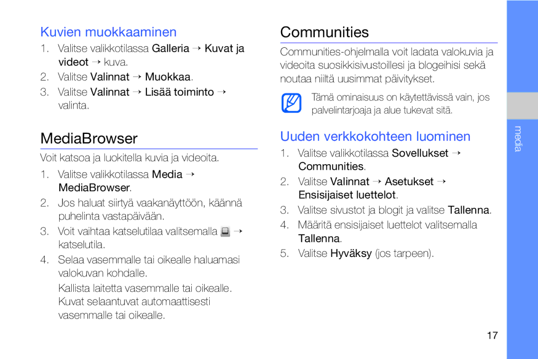 Samsung GT-I8910DKPXEE, GT-I8910DKRXEE manual MediaBrowser, Communities, Kuvien muokkaaminen, Uuden verkkokohteen luominen 