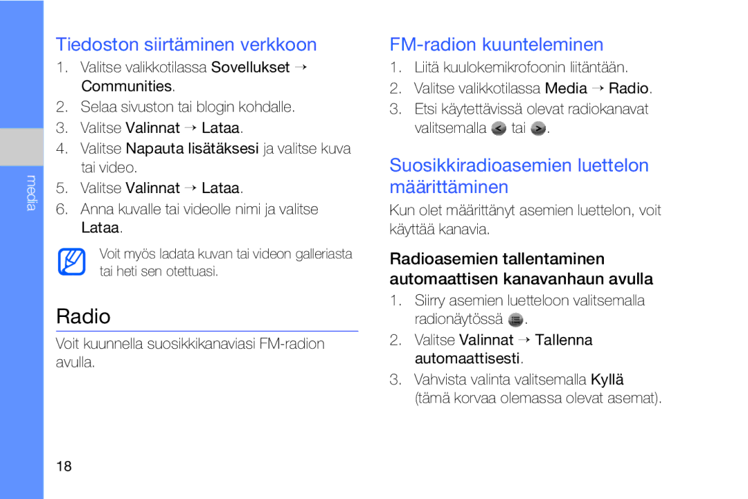 Samsung GT-I8910DKRXEE, GT-I8910DKPXEE manual Radio, Tiedoston siirtäminen verkkoon, FM-radion kuunteleminen 