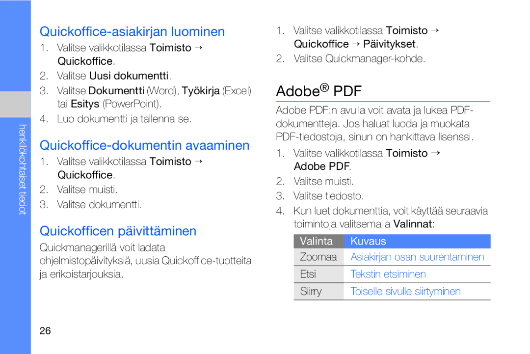 Samsung GT-I8910DKRXEE manual Quickoffice-asiakirjan luominen, Quickoffice-dokumentin avaaminen, Quickofficen päivittäminen 