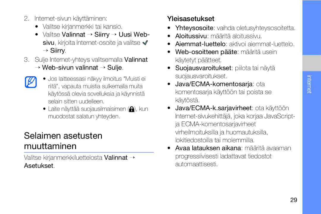 Samsung GT-I8910DKPXEE, GT-I8910DKRXEE manual Selaimen asetusten muuttaminen, Yleisasetukset 