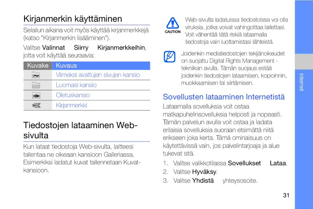 Samsung GT-I8910DKPXEE Kirjanmerkin käyttäminen, Tiedostojen lataaminen Web- sivulta, Sovellusten lataaminen Internetistä 