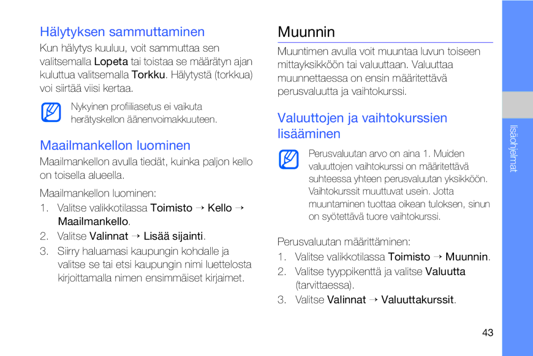 Samsung GT-I8910DKPXEE, GT-I8910DKRXEE manual Muunnin, Hälytyksen sammuttaminen, Maailmankellon luominen 