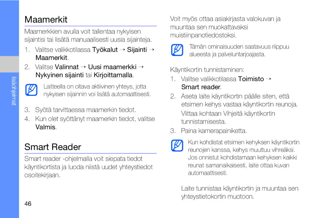 Samsung GT-I8910DKRXEE, GT-I8910DKPXEE manual Maamerkit, Smart Reader 