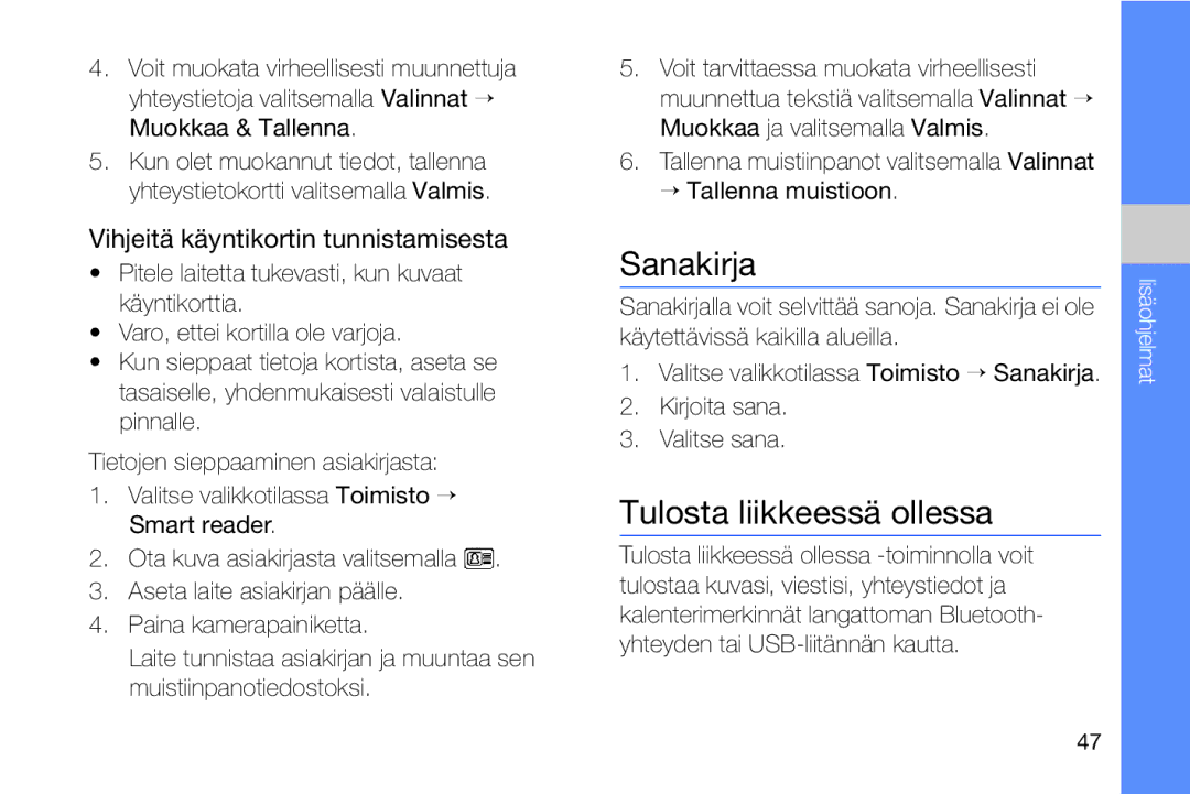 Samsung GT-I8910DKPXEE, GT-I8910DKRXEE manual Sanakirja, Tulosta liikkeessä ollessa, Vihjeitä käyntikortin tunnistamisesta 