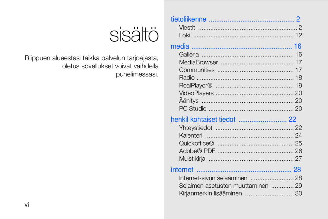 Samsung GT-I8910DKRXEE, GT-I8910DKPXEE manual Sisältö 