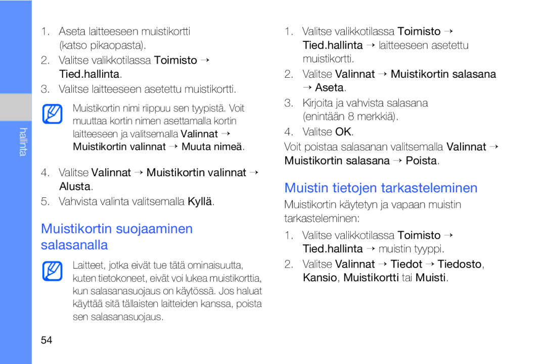 Samsung GT-I8910DKRXEE, GT-I8910DKPXEE manual Muistikortin suojaaminen salasanalla, Muistin tietojen tarkasteleminen 