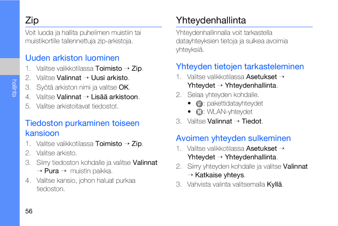 Samsung GT-I8910DKRXEE, GT-I8910DKPXEE manual Zip, Yhteydenhallinta 