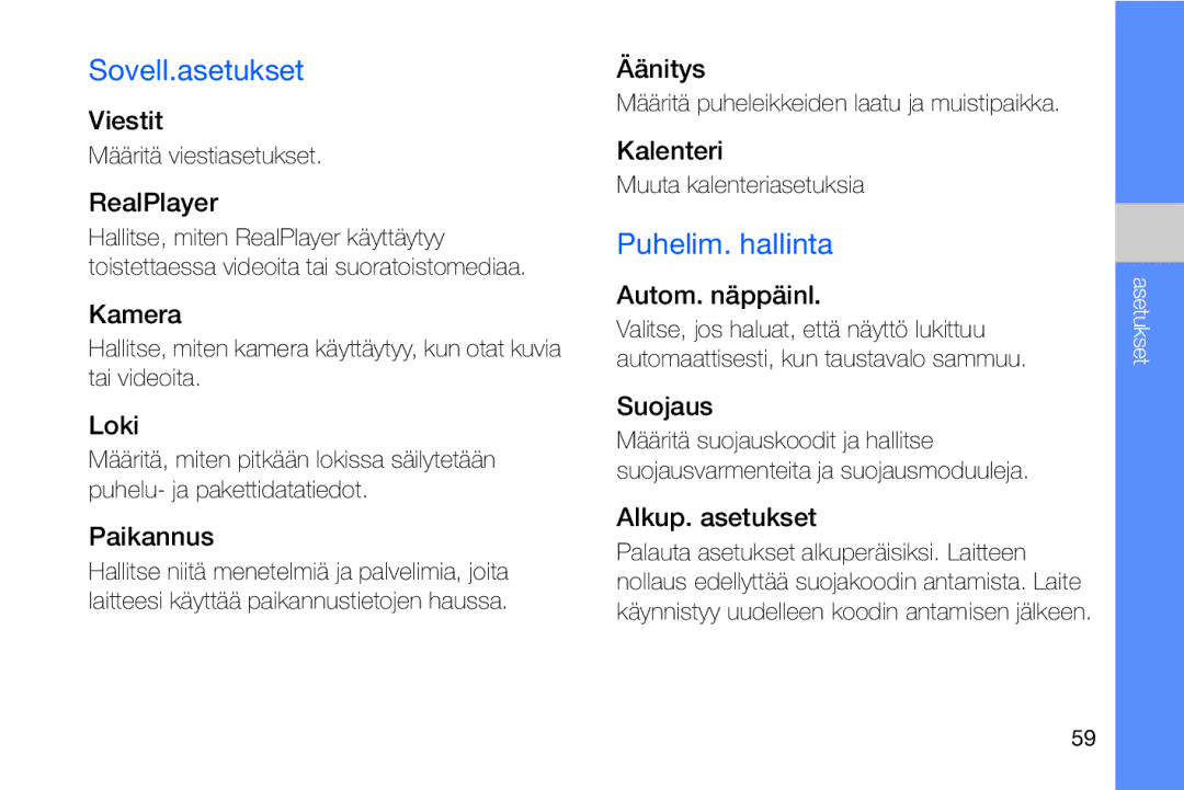 Samsung GT-I8910DKPXEE, GT-I8910DKRXEE manual Sovell.asetukset, Puhelim. hallinta 