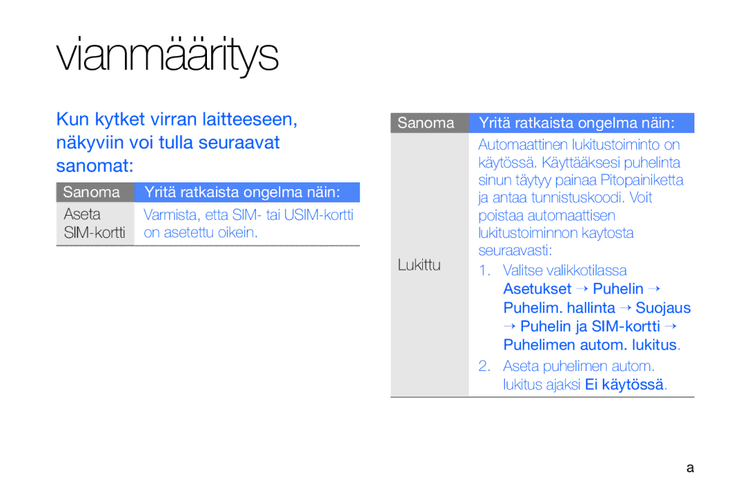 Samsung GT-I8910DKPXEE, GT-I8910DKRXEE manual Kun kytket virran laitteeseen, Näkyviin voi tulla seuraavat Sanomat, Lukittu 