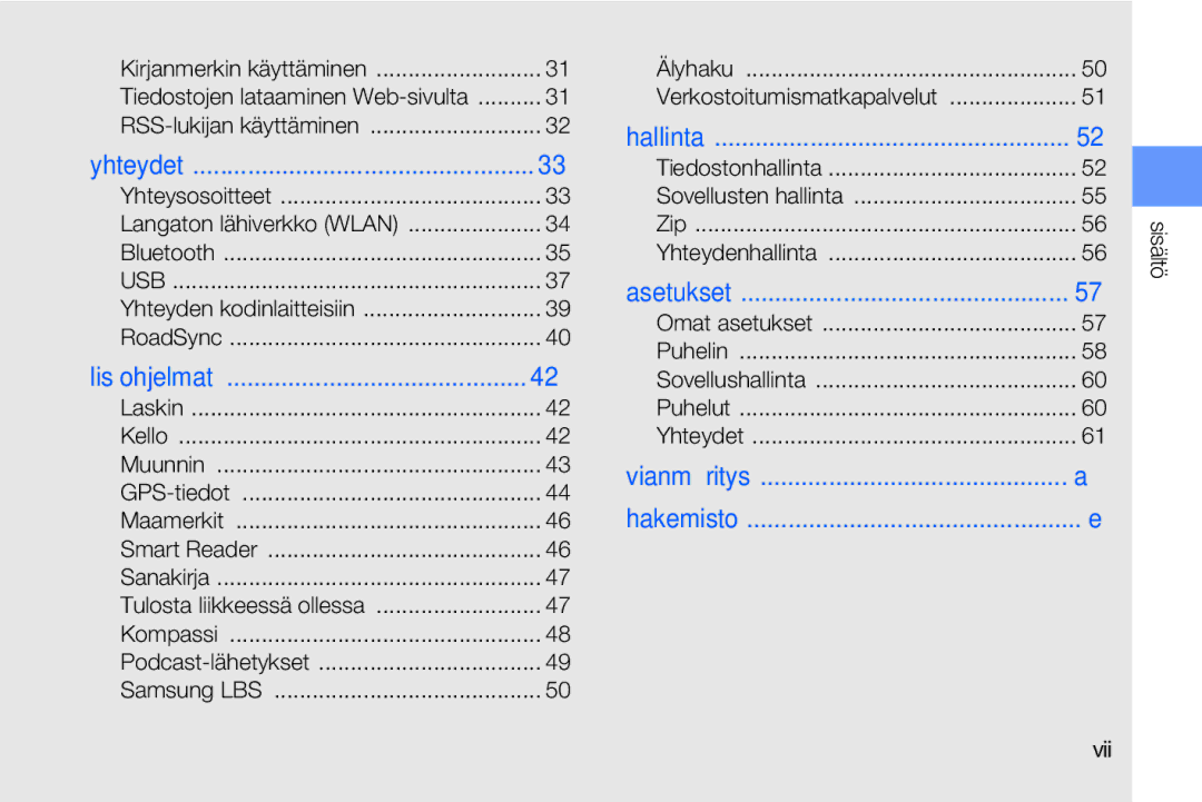 Samsung GT-I8910DKPXEE, GT-I8910DKRXEE manual Sisältö Vii, Usb 