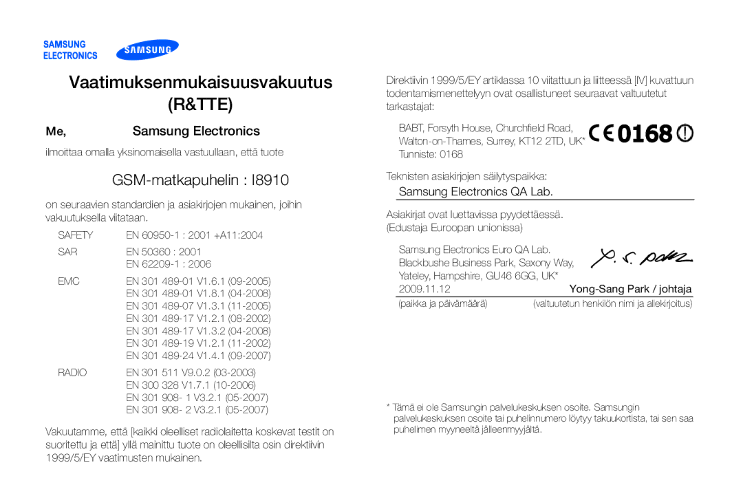 Samsung GT-I8910DKRXEE, GT-I8910DKPXEE manual Tte, GSM-matkapuhelin 