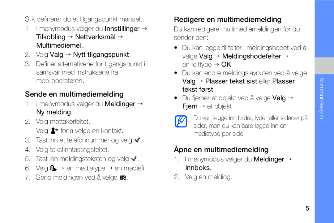 Samsung GT-I8910DKPXEE manual Sende en multimediemelding, Redigere en multimediemelding, Åpne en multimediemelding 