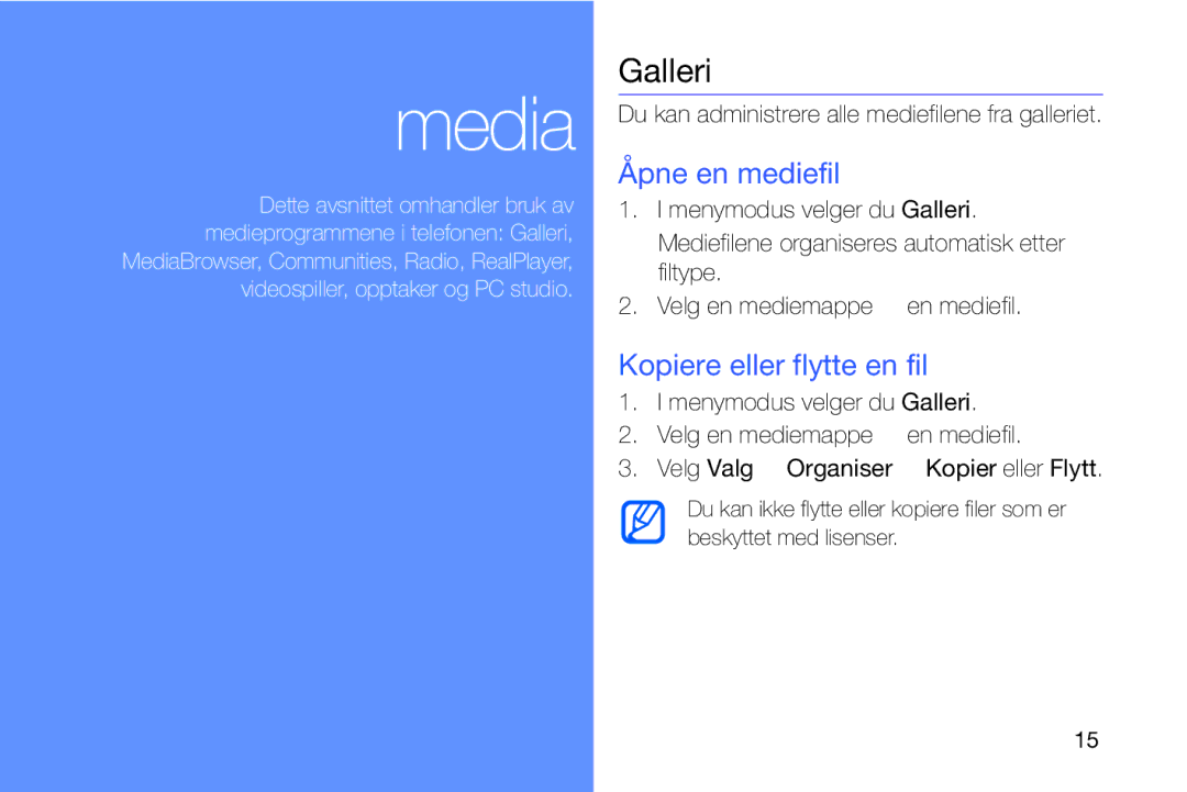 Samsung GT-I8910DKPXEE, GT-I8910DKRXEE manual Galleri, Åpne en mediefil, Kopiere eller flytte en fil 
