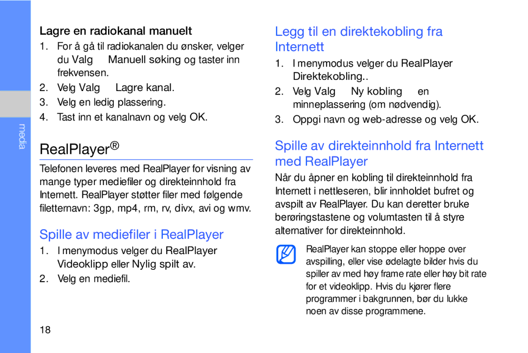 Samsung GT-I8910DKRXEE, GT-I8910DKPXEE Spille av mediefiler i RealPlayer, Legg til en direktekobling fra Internett 