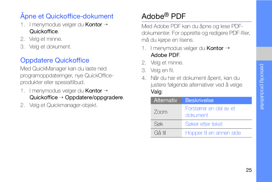 Samsung GT-I8910DKPXEE, GT-I8910DKRXEE manual Åpne et Quickoffice-dokument, Oppdatere Quickoffice 